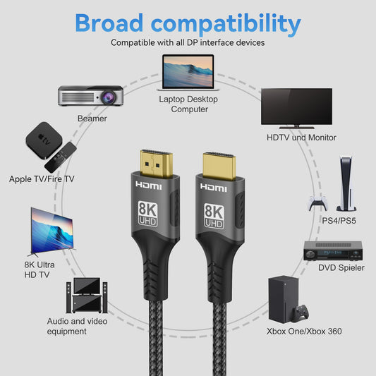 8K HDMI 2.1 Kabel - Ultra High Speed 48Gbps, 4K@120Hz, HDR voor PS5, PC, TV