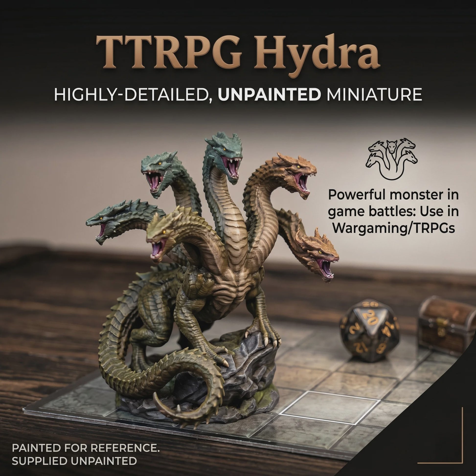 Ongeverfde Hydra Minifiguur - TTRPG, Wargame & Decoratie