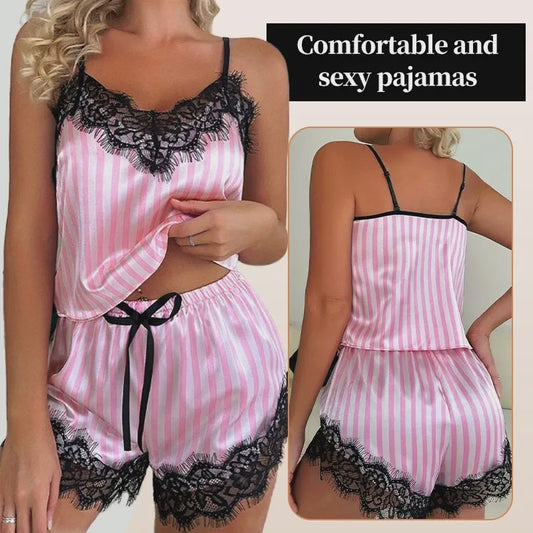 Dames Pyjamaset: Sexy Tweedelig Set met Kant, V-hals en Shorts