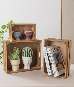Set van 3 Rustieke Houten Opbergkratten - Nestbaar, Met Handvat