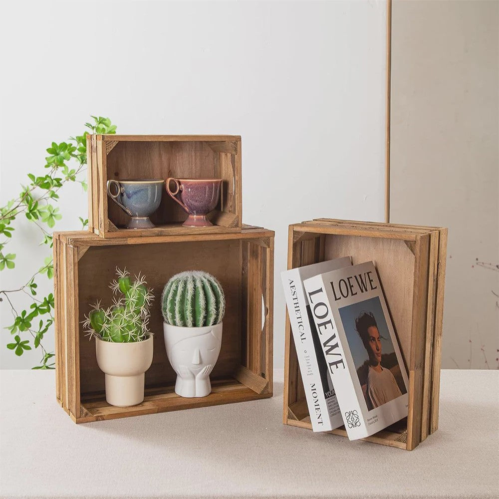 Set van 3 Rustieke Houten Opbergkratten - Nestbaar, Met Handvat