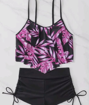 Dames Bikini Set met Hoge Taille en Bladprint - Zomerse Strandkleding