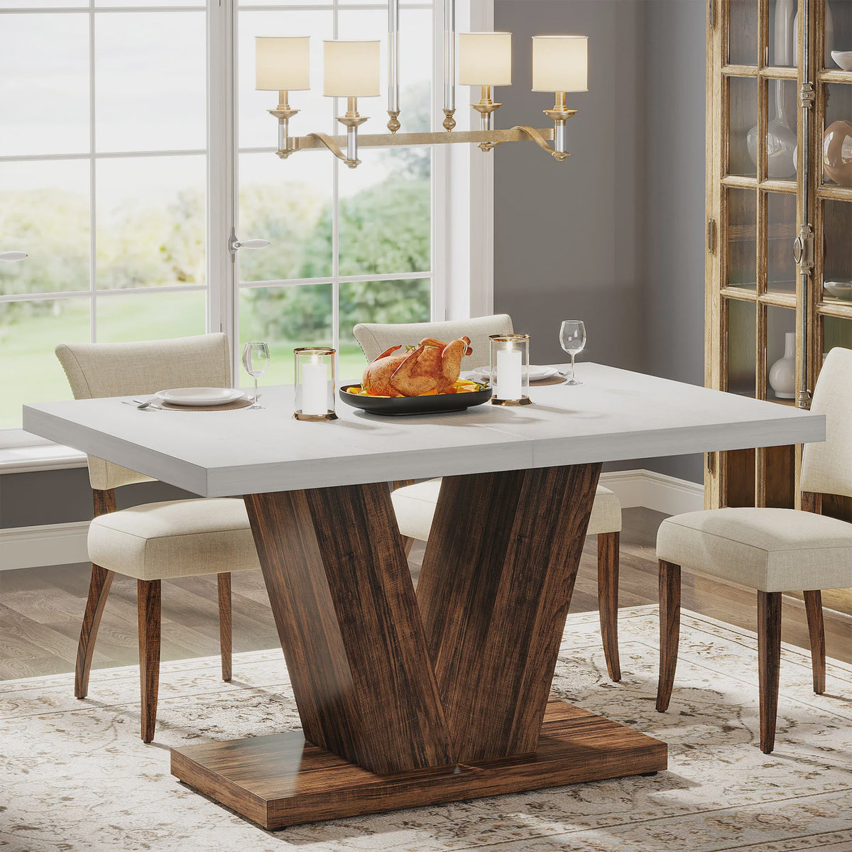 Moderne Eettafel Wit 120x80cm voor 4 Personen - Stijlvolle Keukentafel met Unieke Houten Poot