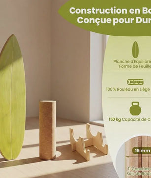 Houten Balansbord met Kurken Roller en Standaard - Groen/Natuurlijk