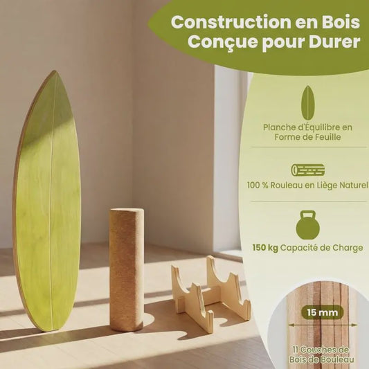 Houten Balansbord met Kurken Roller en Standaard - Groen/Natuurlijk