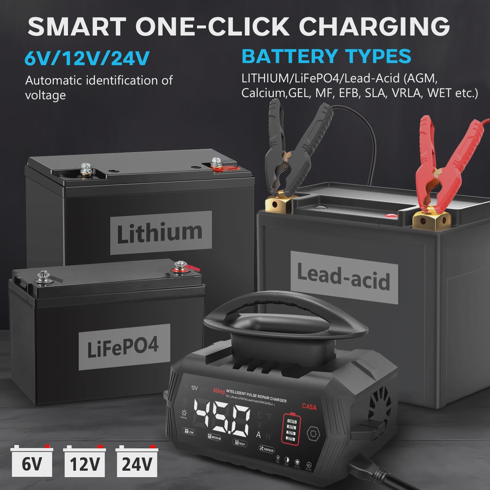 Intelligente Acculader 6V/12V/24V - 45A Slimme Batterij Herstel Lader voor Auto, Motor, Lifepo4, AGM, Gel