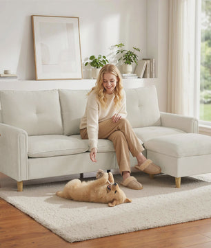 HOMCOM 3-zits bank met opbergpouf - Verstelbare hoek, brede zitting, linnenlook stof, crème