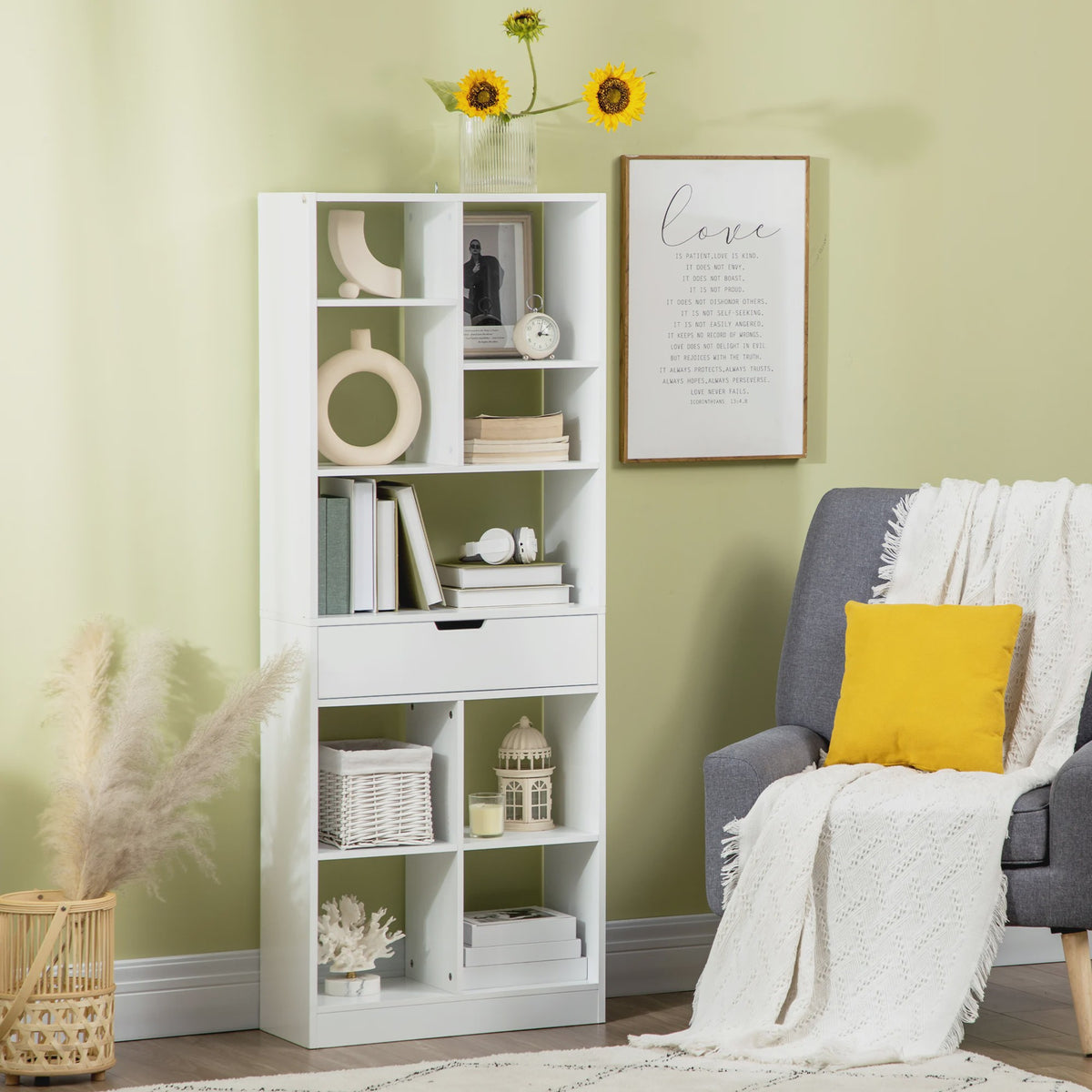 Stijlvolle Houten Boekenkast met Lade en 9 Open Vakken - 60x26x158cm