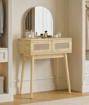 Moderne Kaptafel met Spiegel en Rotan Lades - Natuurlijk Houtkleurig
