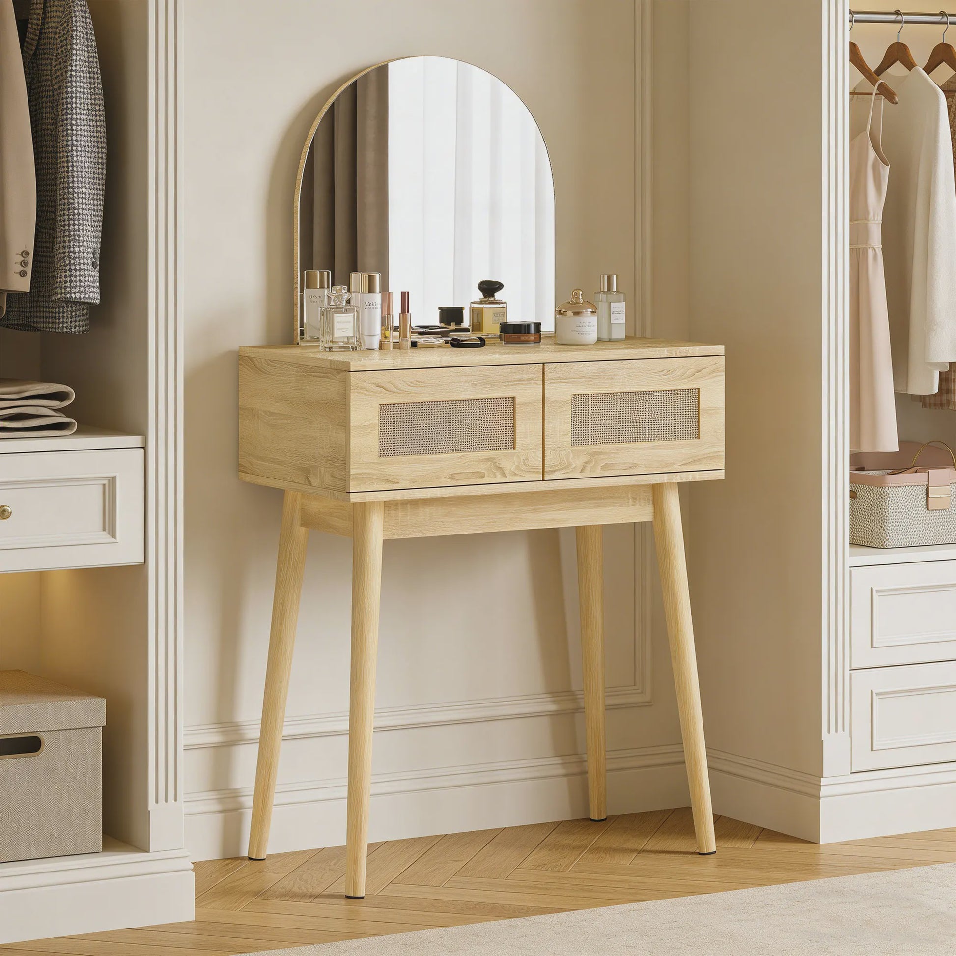 Moderne Kaptafel met Spiegel en Rotan Lades - Natuurlijk Houtkleurig