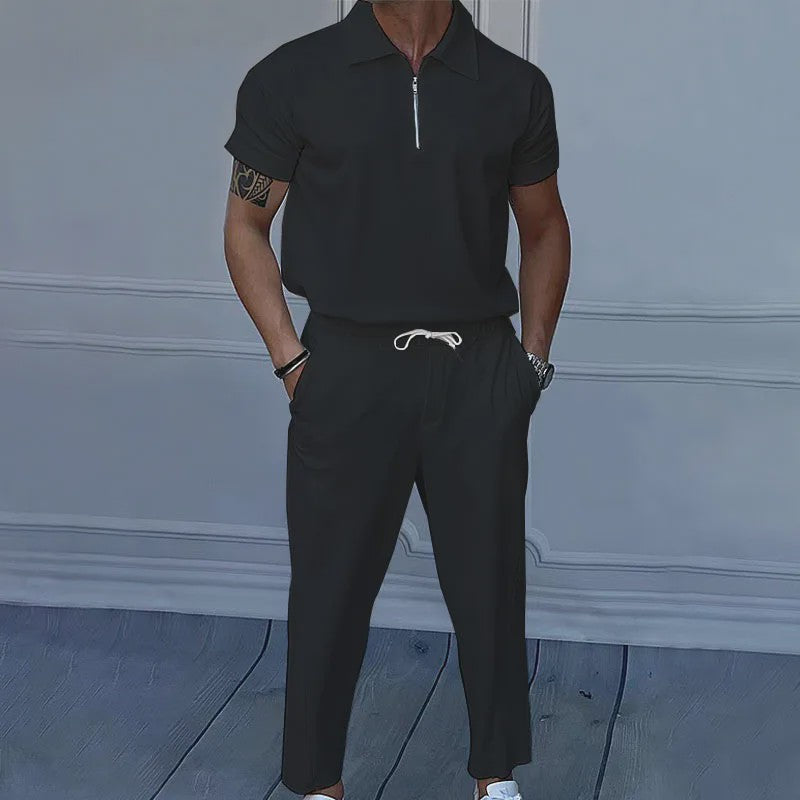 Zomer Heren Pak: Casual Short Sleeve Polo met Rits en Comfortabele Broek