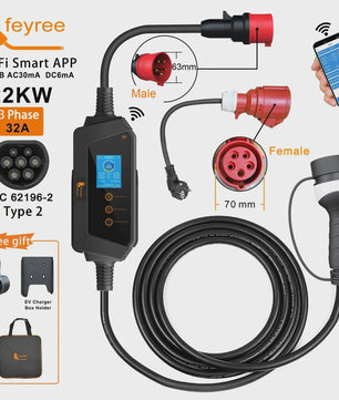 Feyree 22KW 3-Fase Draagbare EV Charger Type 2 met Wi-Fi APP Controle