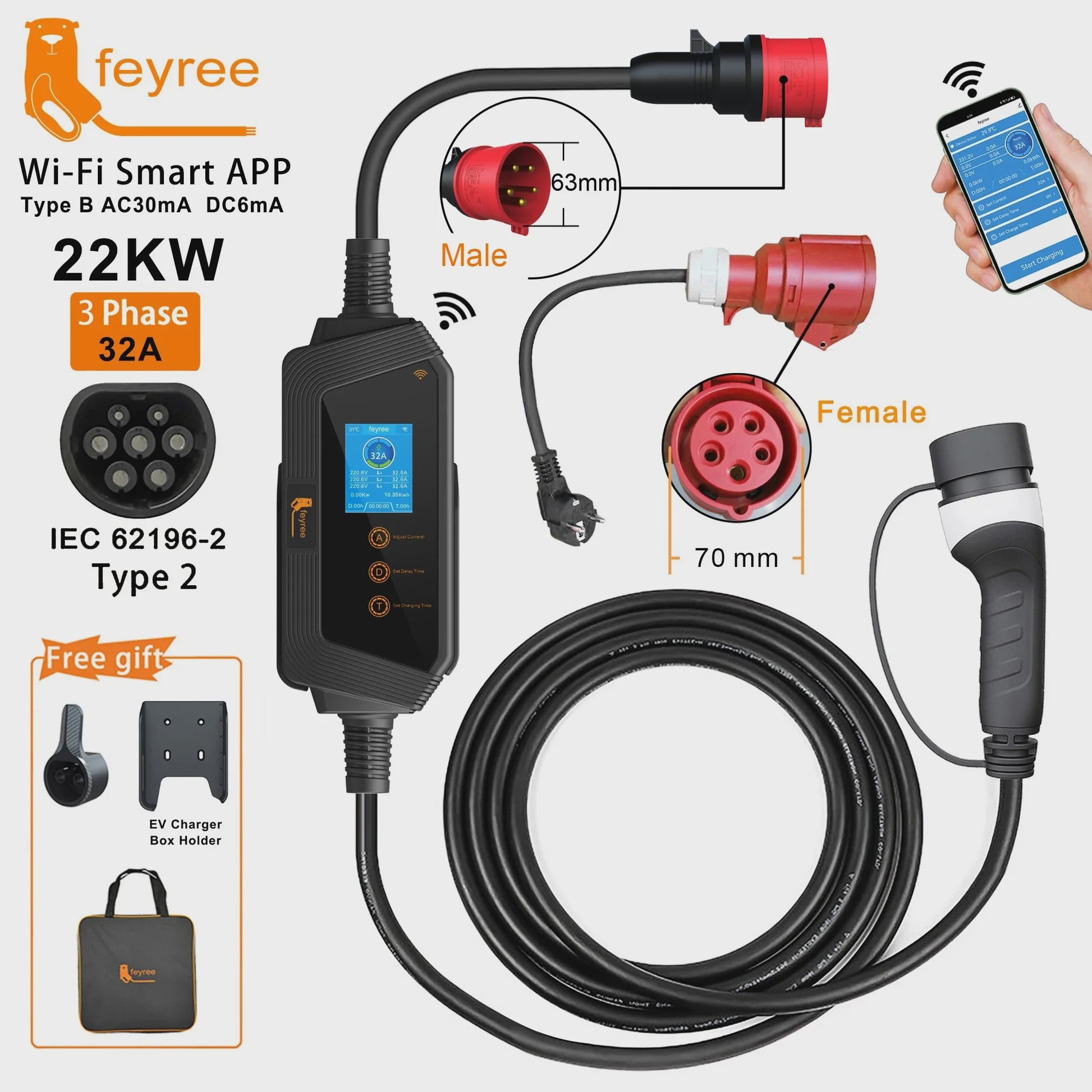 Feyree 22KW 3-Fase Draagbare EV Charger Type 2 met Wi-Fi APP Controle