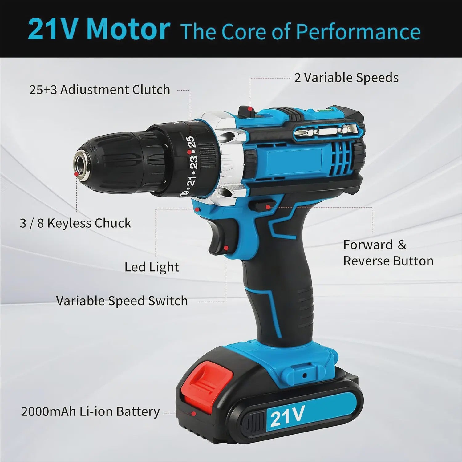 21V Accuboormachine met 45Nm Koppel - Draadloze Schroef- en Klopboormachine met Lithium-Ion Batterij