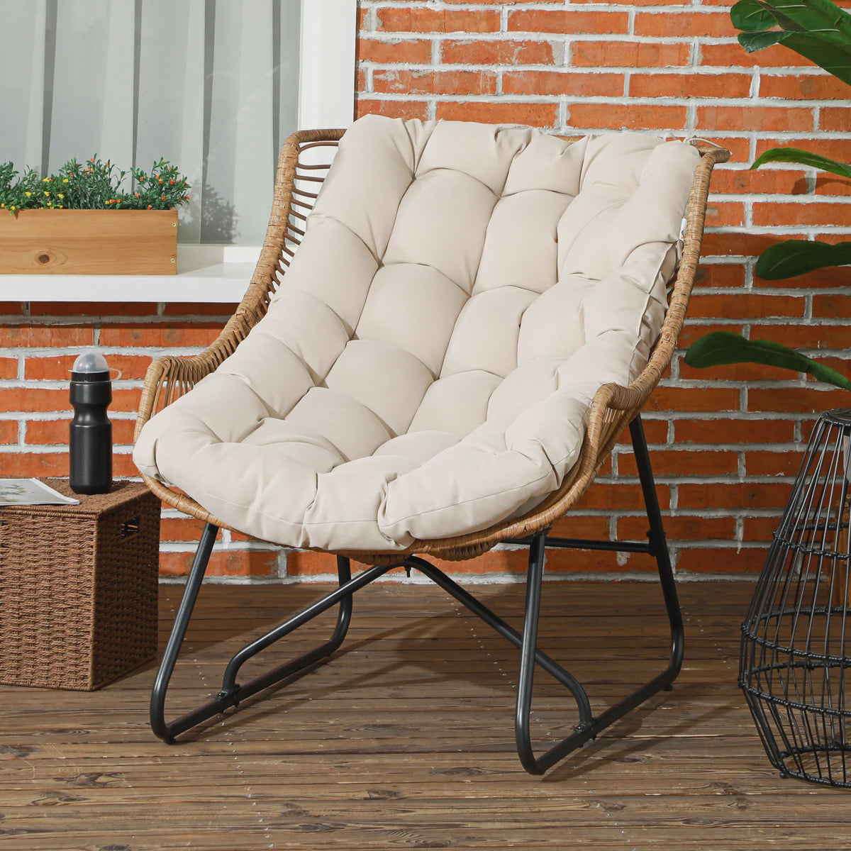 Outsunny Rotan Fauteuil met Dik Zitkussen - Comfortabele Tuinstoel tot 120 kg