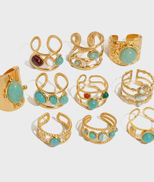 Bohemian Ringen met Natuursteen (Turquoise & Malachiet) - Goudkleurig Staal