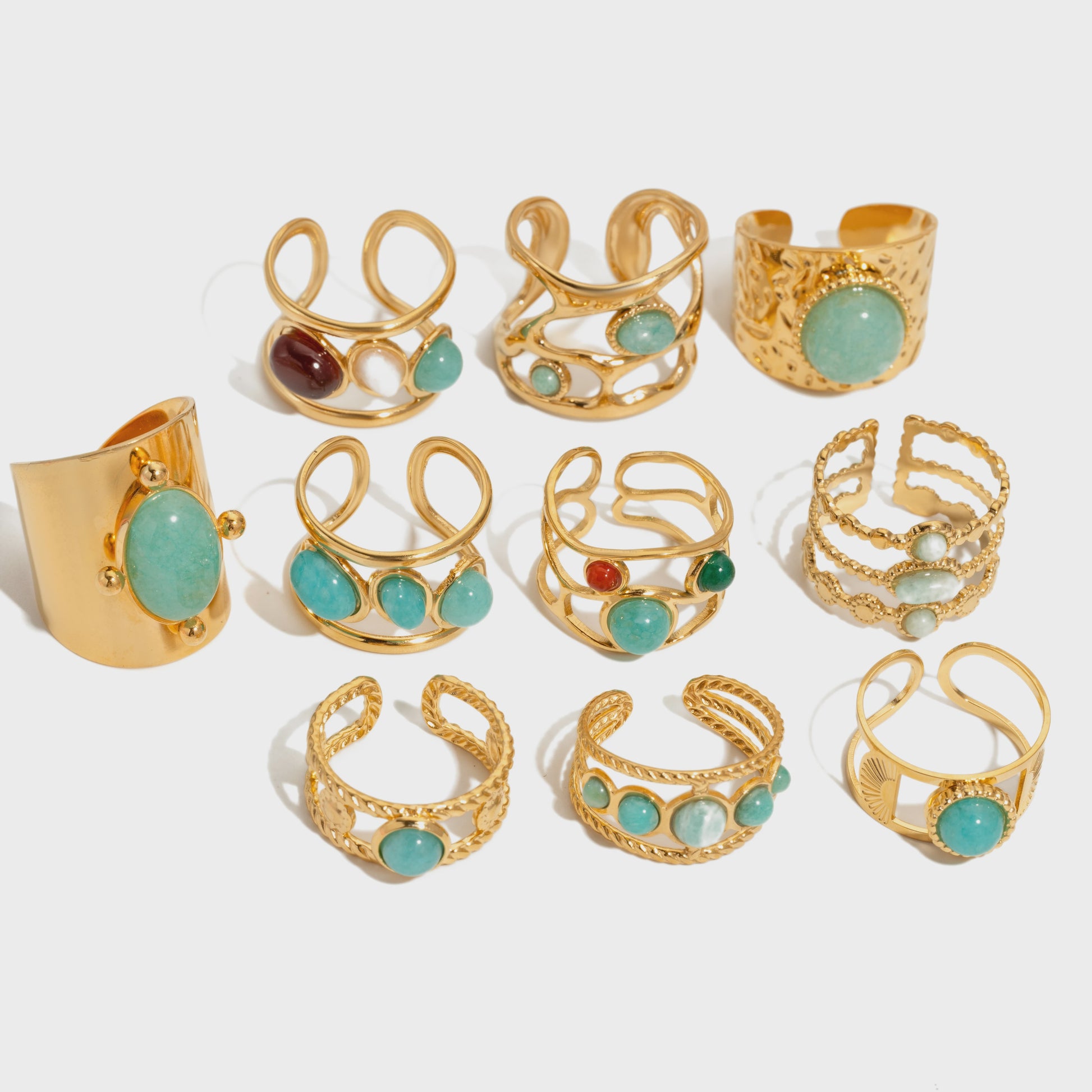 Bohemian Ringen met Natuursteen (Turquoise & Malachiet) - Goudkleurig Staal