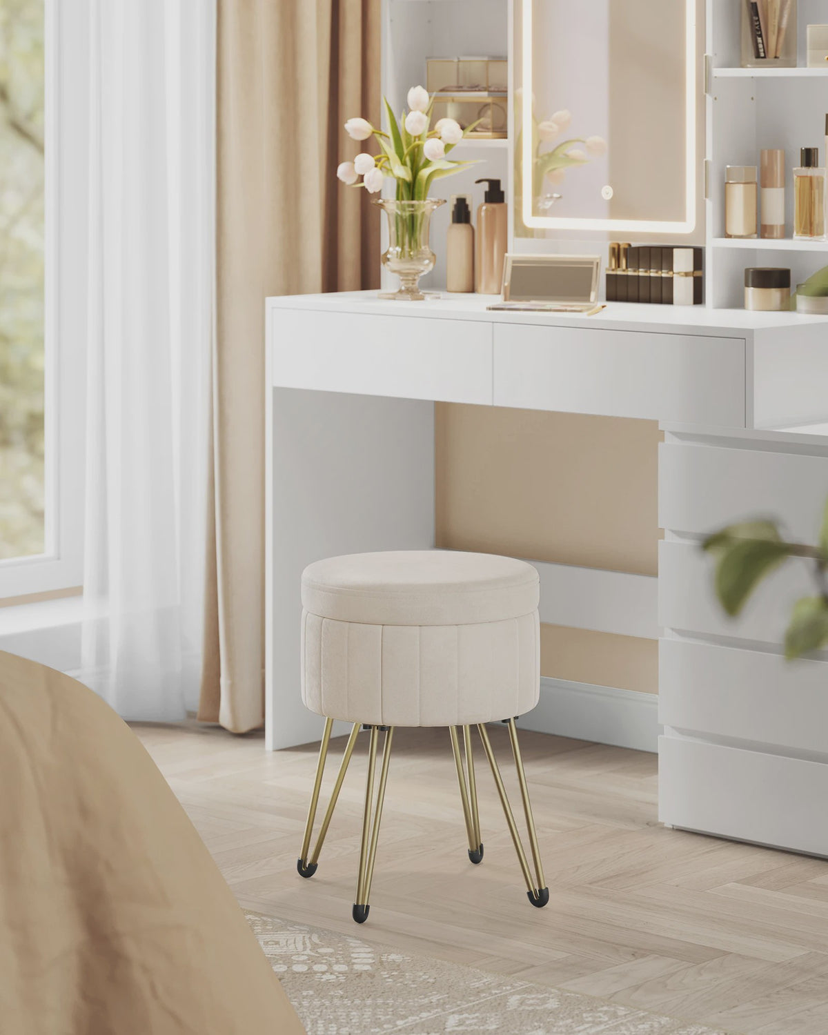 Verstelbare Fluwelen Poef met Opbergruimte en Metalen Poten - Elegant & Comfortabel