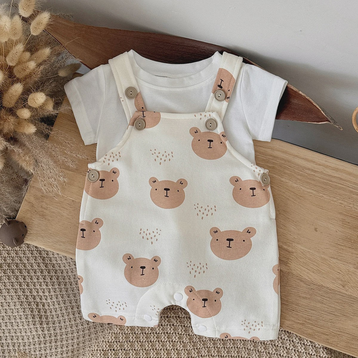 Schattige Baby Jumpsuit met Berenprint en T-shirt - Zomerkleding voor Jongens & Meisjes