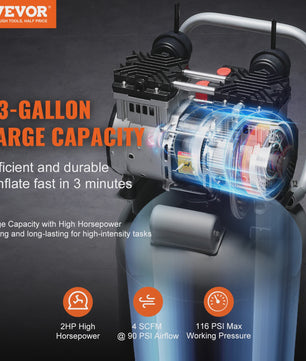 Krachtige 13 Gallon Olievrije Aircompressor 2HP - Draagbaar voor Werkplaats & Doe-het-zelf