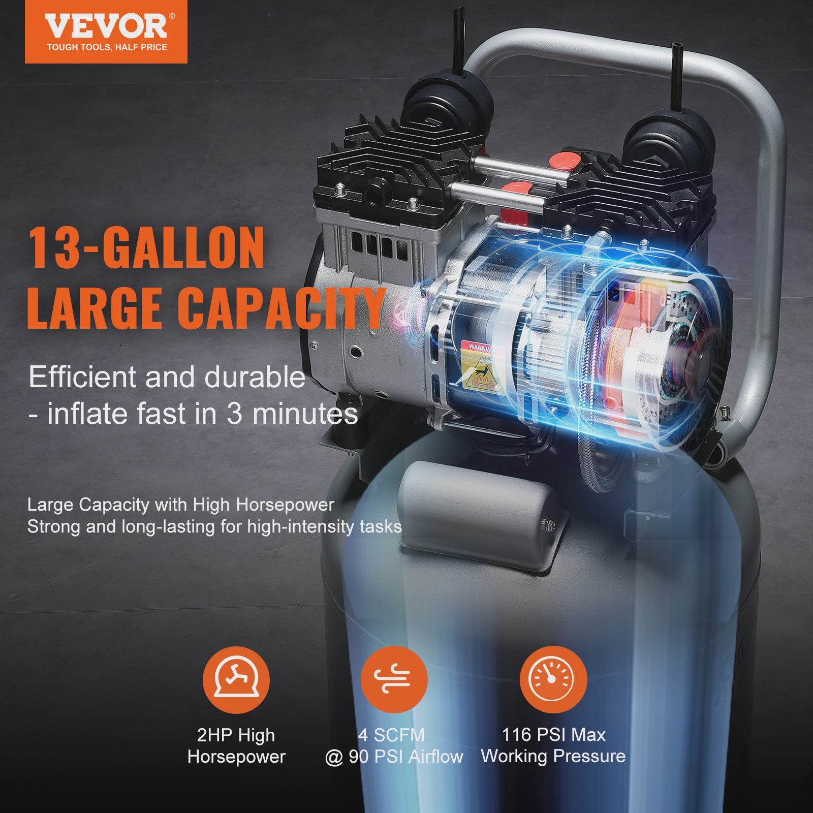 Krachtige 13 Gallon Olievrije Aircompressor 2HP - Draagbaar voor Werkplaats & Doe-het-zelf