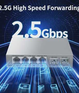 HORACO 2.5Gbps Netwerk Switch met 4x 2.5G RJ45 Poorten en 2x 10G SFP+ Poorten - Fanless, Unmanaged, Plug & Play
