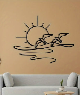 Zonsopgang Meeuwen Wanddecoratie - Metaal Lijnkunst voor Kust & Strandhuis Stijl