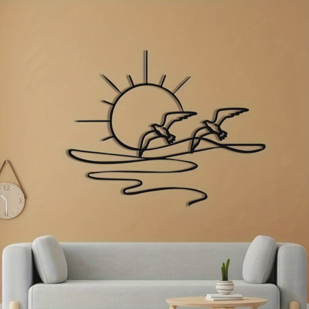 Zonsopgang Meeuwen Wanddecoratie - Metaal Lijnkunst voor Kust & Strandhuis Stijl