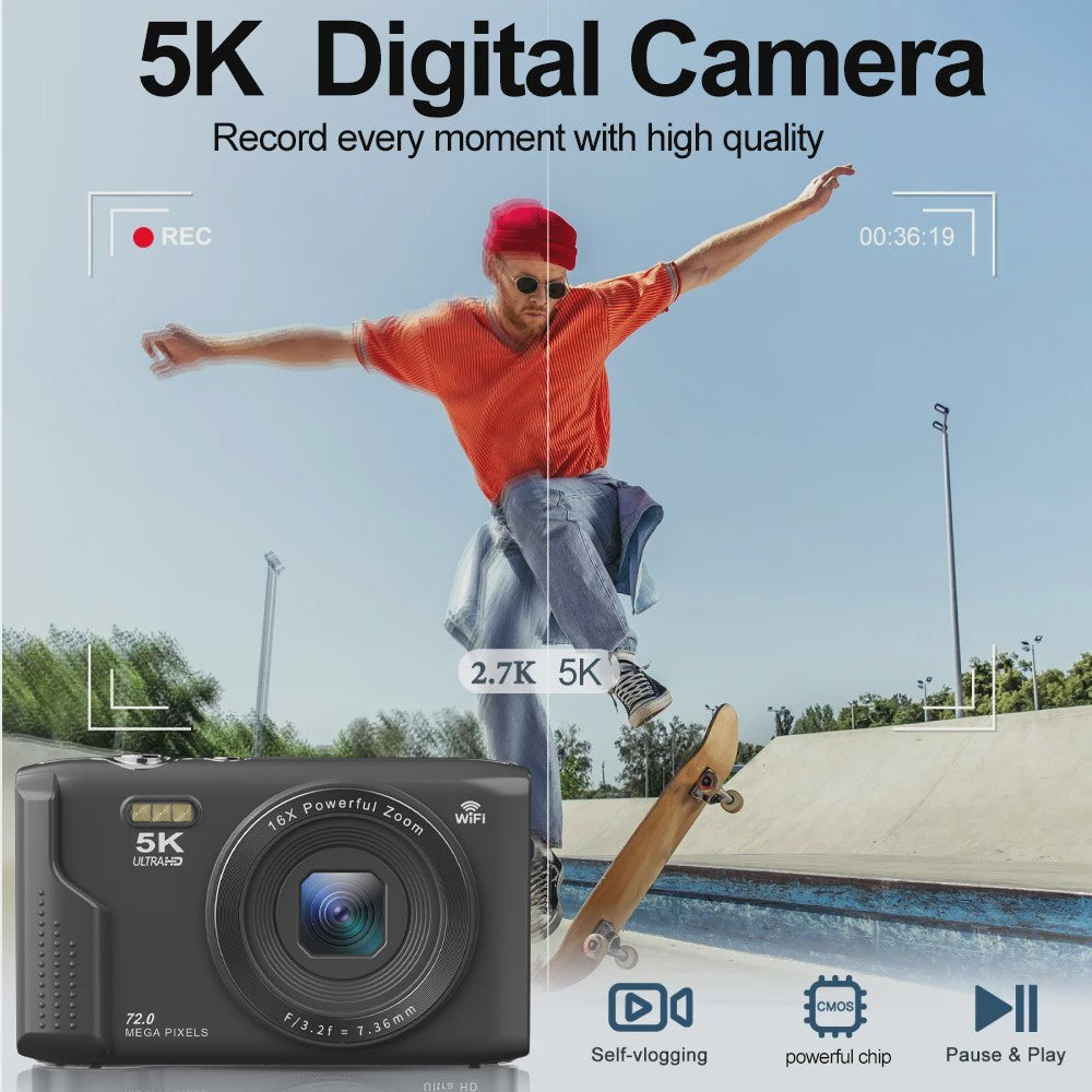Ourlife Compacte Digitale Camera 5K 72MP met 16x Zoom - Ideaal voor Vlogs en YouTube