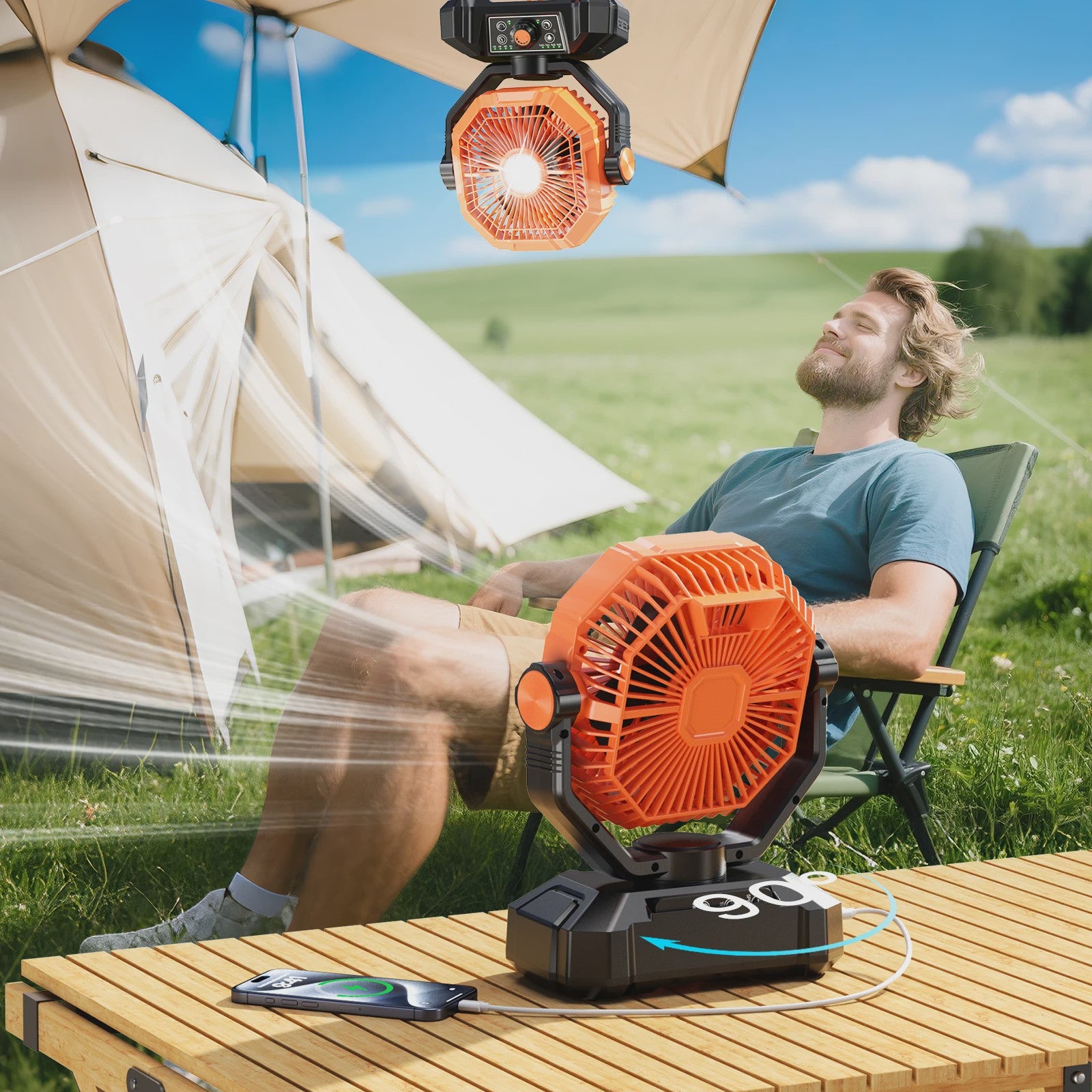 Draagbare 20000mAh Camping Ventilator met LED Lamp, Afstandsbediening & 8 Snelheden - Ideaal voor Buiten, Tent, Werkplaats