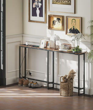 Smalle Industriële Console Tafel met Laadstation - 160x20x80 cm - Rustiek Bruin