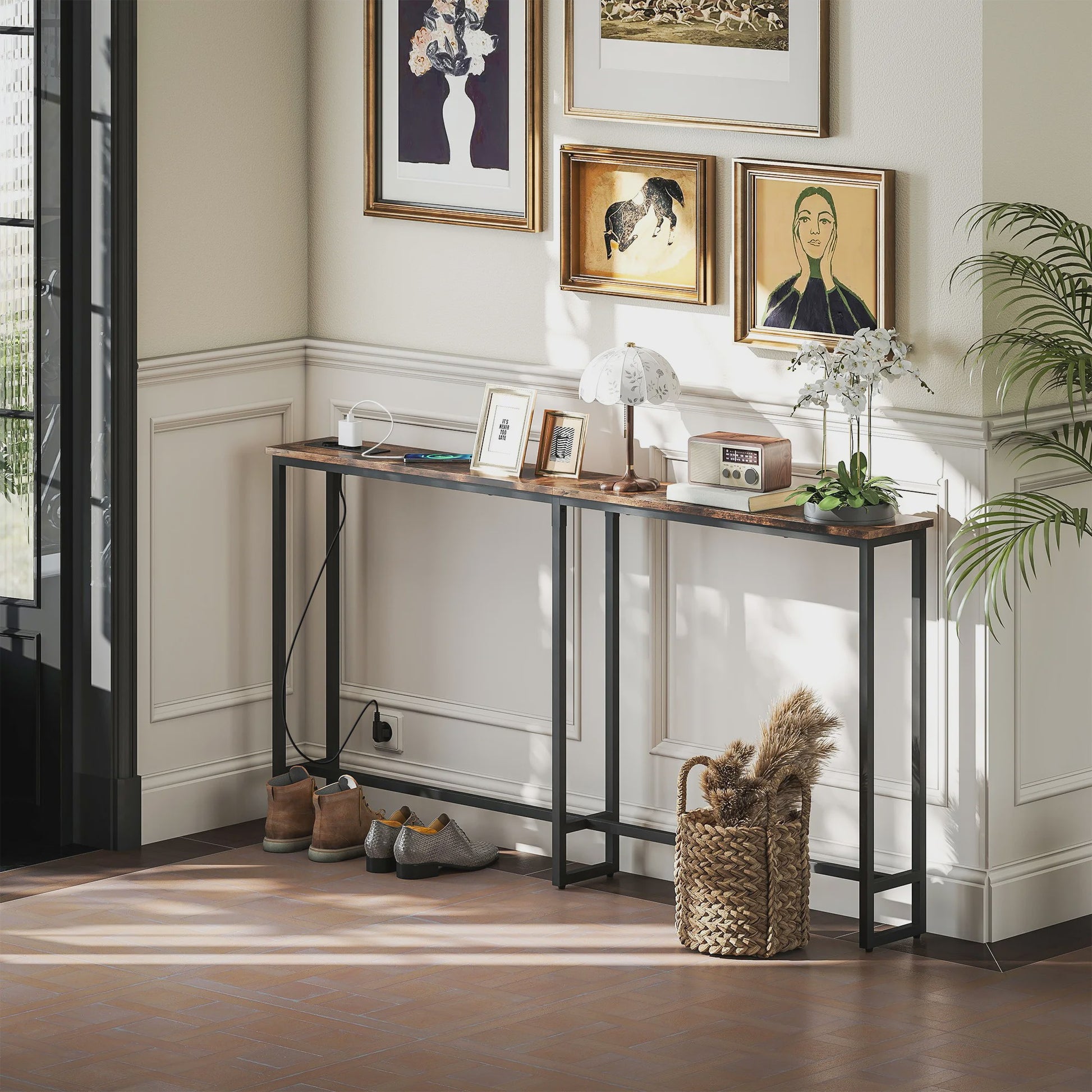 Smalle Industriële Console Tafel met Laadstation - 160x20x80 cm - Rustiek Bruin