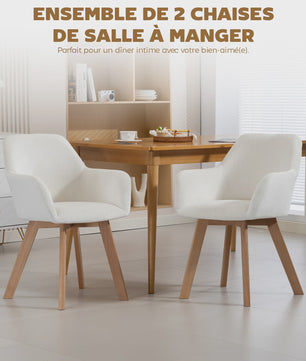 Set van 2 Crème Fluweel Armstoelen - Comfortabele Eetkamerstoelen met Houten Poten
