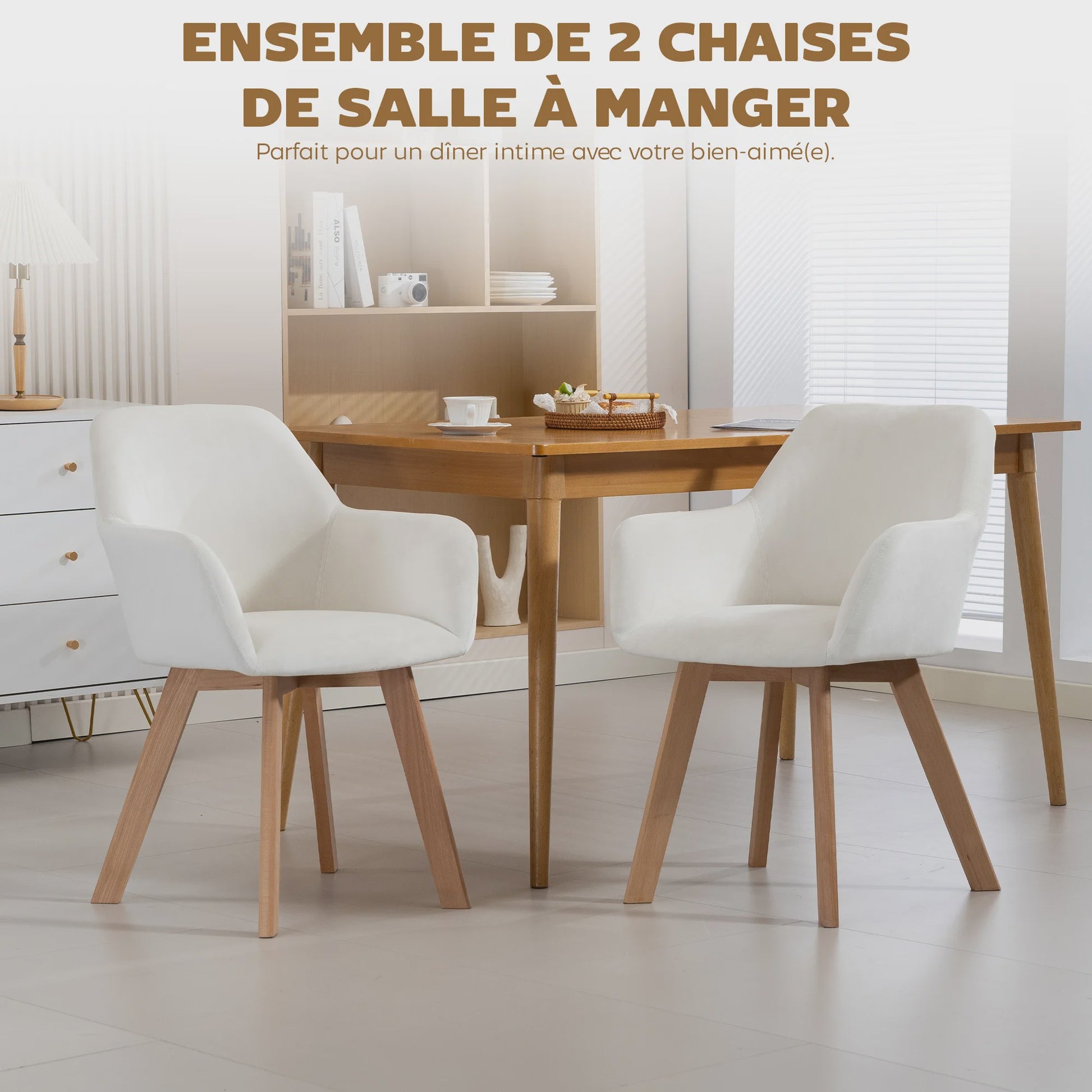 Set van 2 Crème Fluweel Armstoelen - Comfortabele Eetkamerstoelen met Houten Poten