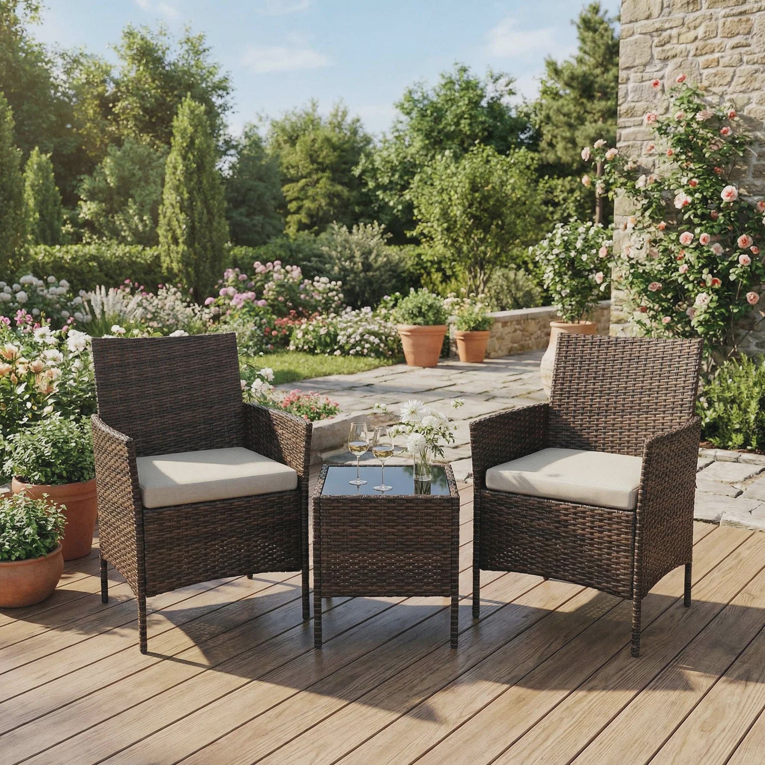 3-delige Buiten Terras Bistroset: PE Rotan Wicker Stoelen met Zachte Kussens & Glazen Salontafel - Compact Tuinmeubilair