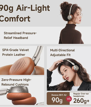 Baseus BH1 Air Draadloze Koptelefoon - Lichtgewicht (90g), 80 uur batterij, Bluetooth 6.0, ENC Noise Cancellation