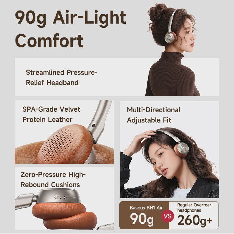 Baseus BH1 Air Draadloze Koptelefoon - Lichtgewicht (90g), 80 uur batterij, Bluetooth 6.0, ENC Noise Cancellation