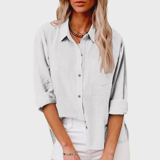 Dames Blouse met Lange Mouwen - Katoen Linnen Look