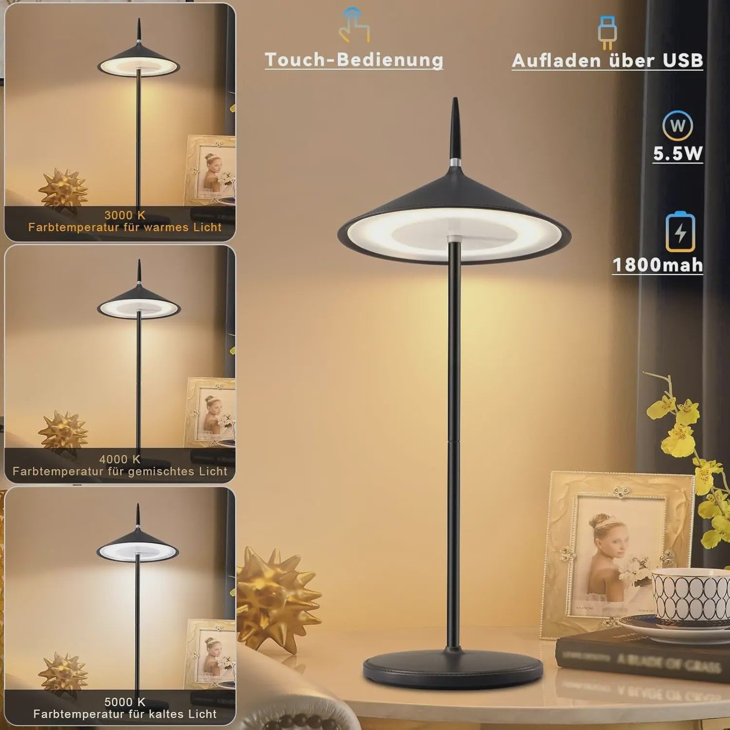 Draadloze LED Tafellamp Oplaadbaar met USB-C, Dimbaar & Waterdicht (IP44)