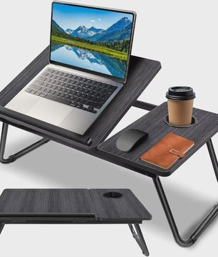 Multifunctionele Opklapbare Laptoptafel met Bekerhouder - Verstelbaar & Draagbaar Hout