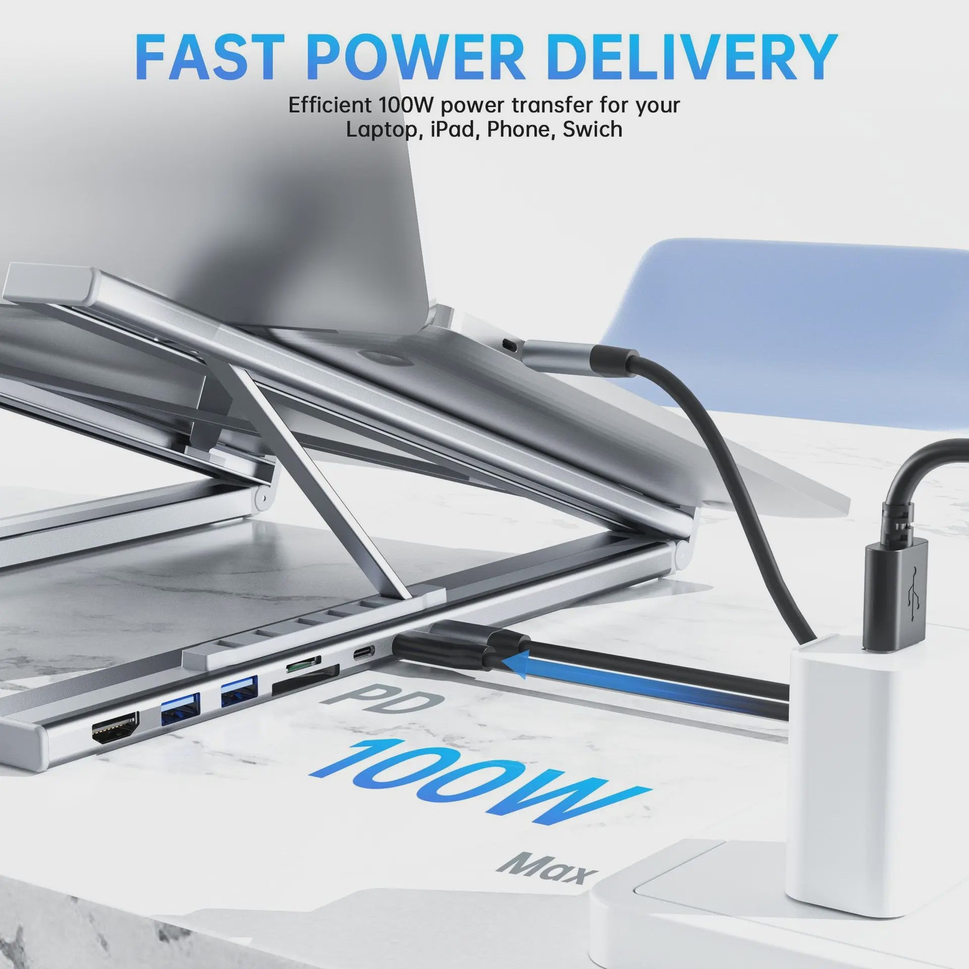 Verstelbare USB-C Laptop Stand met 7-in-1 Docking Station Hub