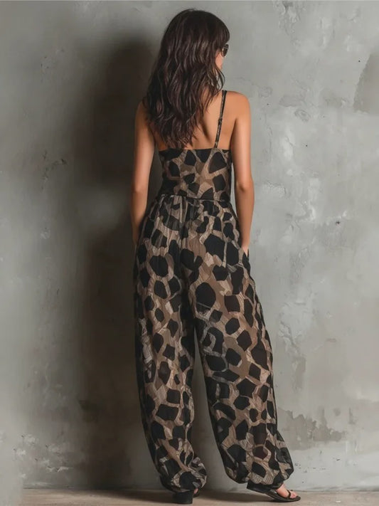 Stijlvolle Dames Jumpsuit met Panterprint, Mouwloos en Wijde Pijpen