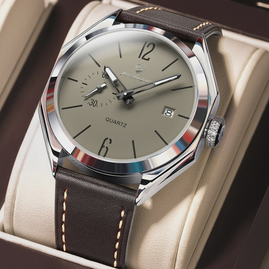 POEDAGAR Herenhorloge Leer - Zakelijk & Casual Kwarts Horloge met Datum & Waterdicht