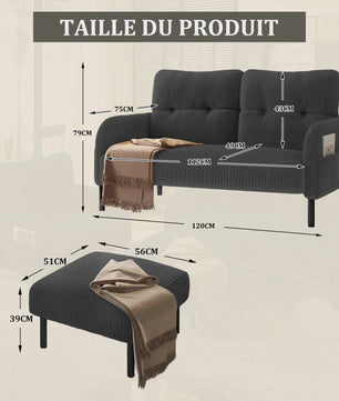 Corduroy 2-zitsbank met hoge rugleuning, zijvak en metalen poten - 120x75x79 cm
