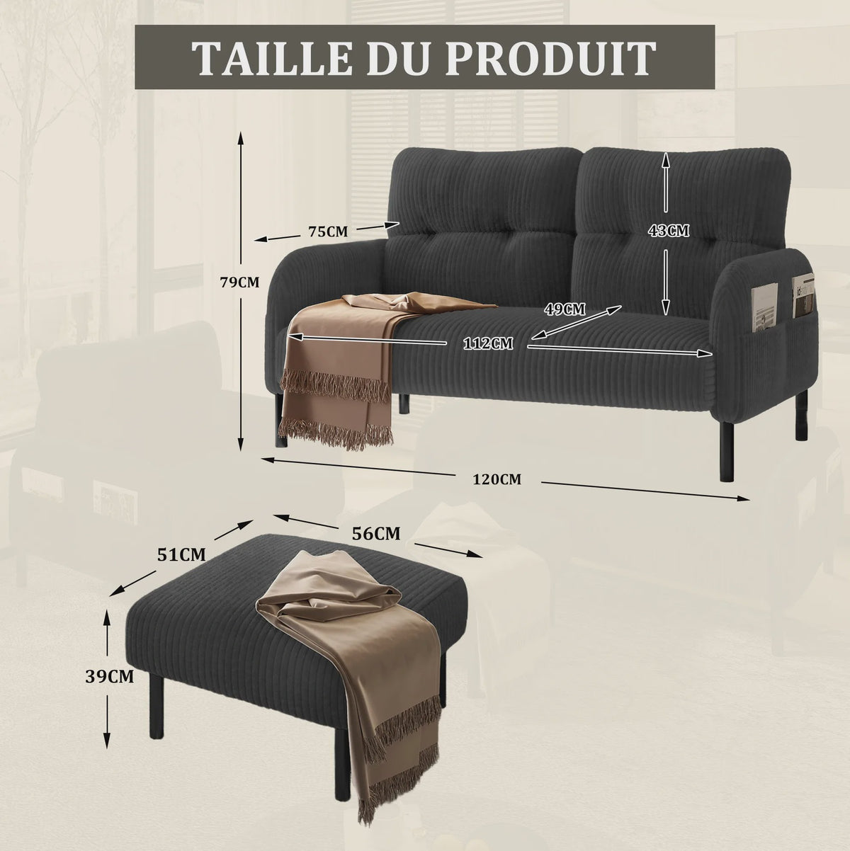 Corduroy 2-zitsbank met hoge rugleuning, zijvak en metalen poten - 120x75x79 cm
