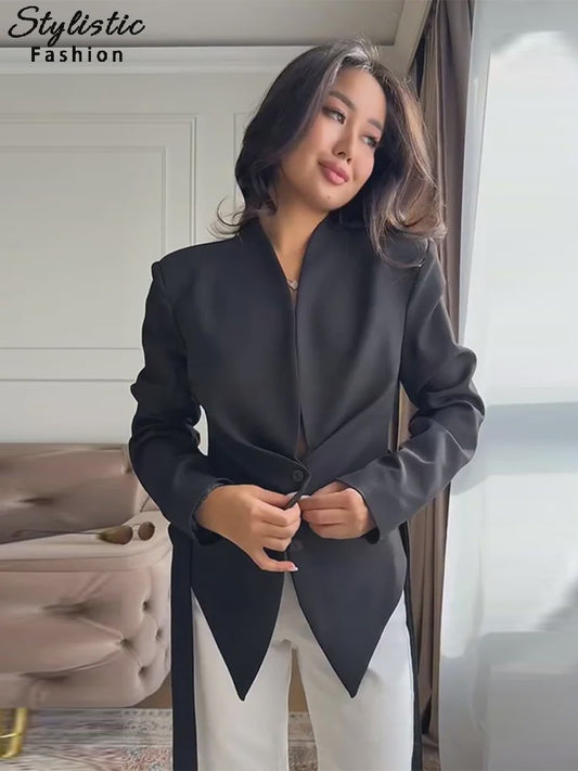 Dames Asymmetrische Blazer met V-hals en Lange Mouwen - Casual Lente Jasje