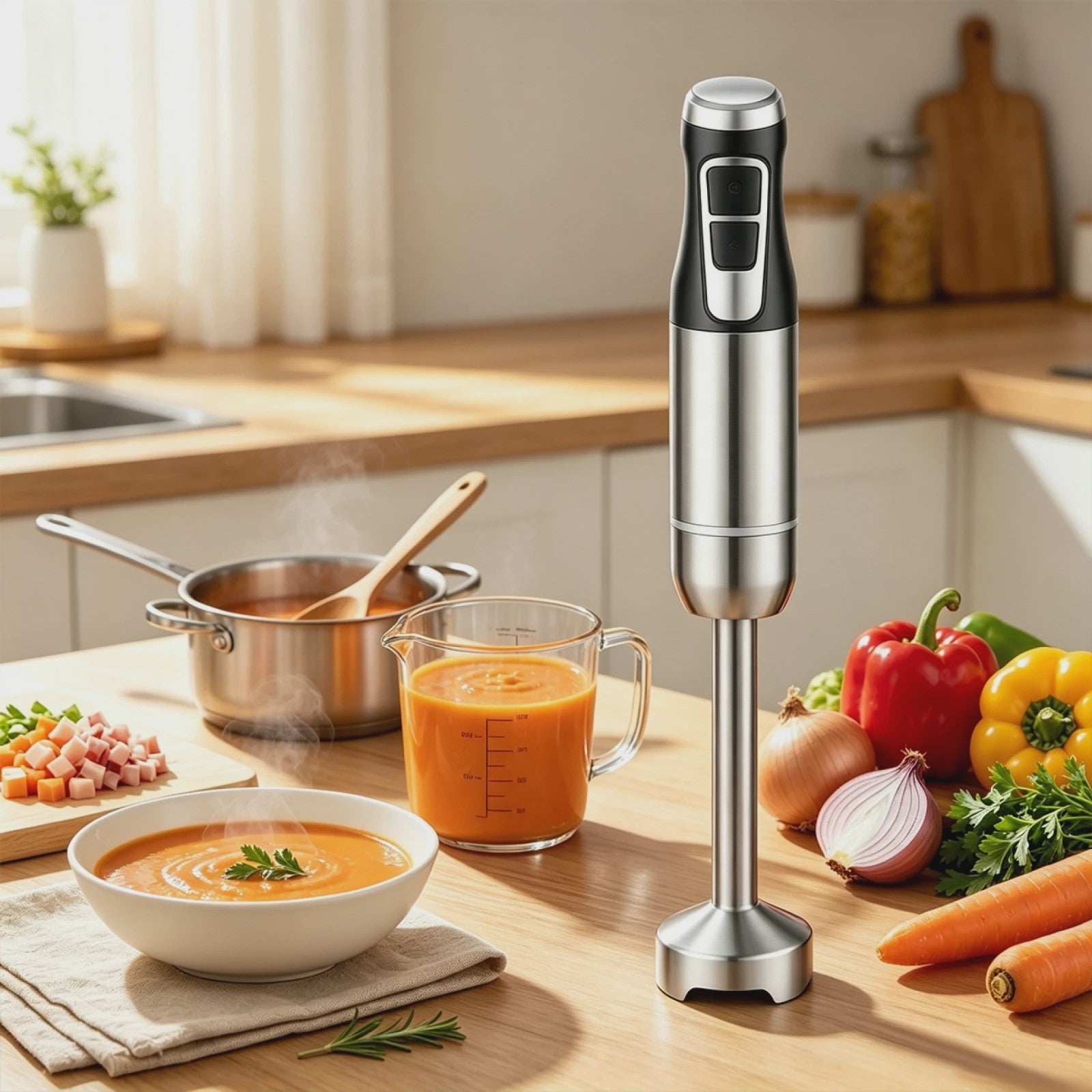 800W Staafmixer met Koperen Motor, 4-Blads Mes, Variabele Snelheid & Turbo