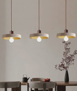 Natuurlijke Travertin Hanglamp met Houten Accent - E27 Fitting