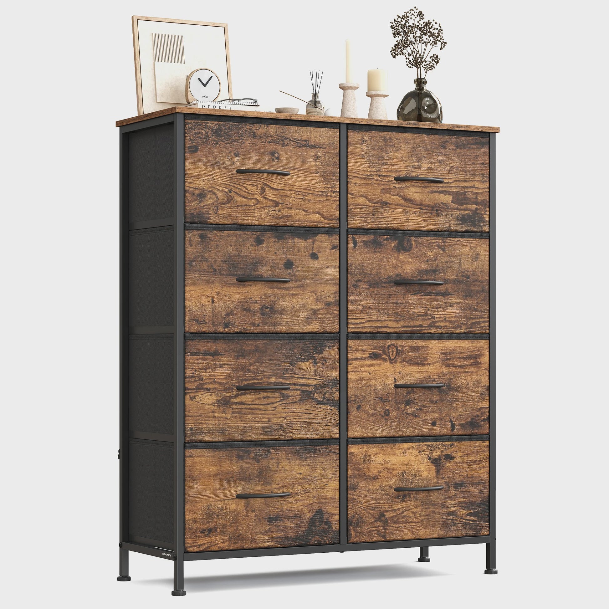SONGMICS Ladekast met 8 Lades - Stijlvolle Opbergkast in Vintage Hout-Look en Staal