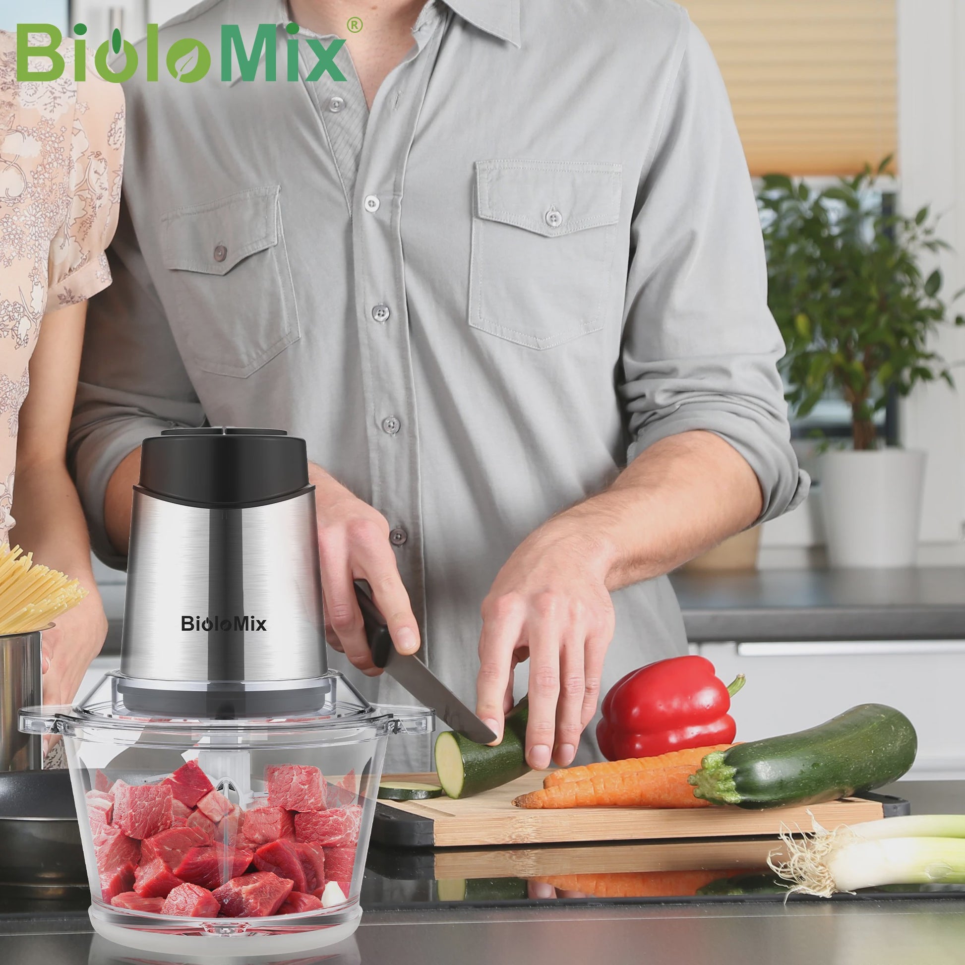 BioloMix 1.8L Glazen Foodprocessor & Gehaktmolen - Krachtig, Dubbele Snelheid